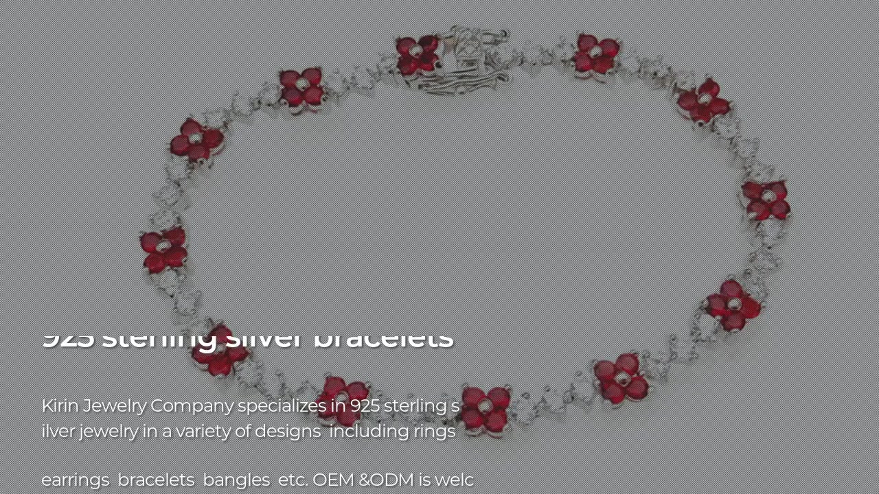 Pretty Custom 925 Sterling Silver Women's CZ Ruby Flower Bracelet with Rhodium Plated 60155