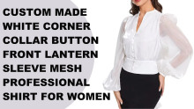 Custom made white corner collar button front lantern sleeve mesh professional shirt for women