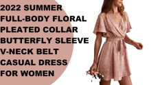 2022 Summer full-body floral pleated collar butterfly sleeve V-neck belt casual dress for women