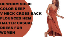 OEM/ODM Solid color Deep V neck cross back flounces hem halter casual dress for women