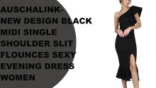 AUSCHALINK- New design black MIDI single shoulder slit flounces sexy evening dress women