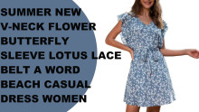 Summer new V-neck flower butterfly sleeve lotus lace belt A word beach casual dress women