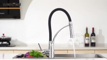 Pullout Kitchen Faucet Solid Brass Single Handle One Hole Kitchen Sink Faucet with 360 Swivel Modern Black Rubber Neck Pull Down Sprayer, 3 Hole Deck Plate, Brushed Nickel
