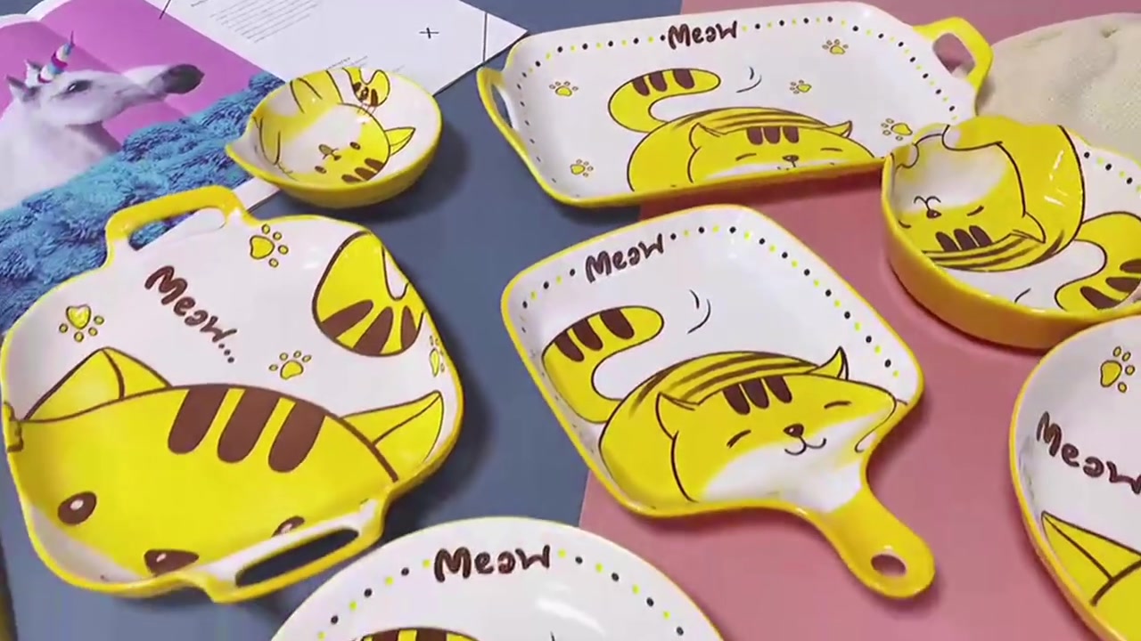 Cartoon Dish Set Wanghong Haushalt Reisschüssel Keramikschale süße Katze Backplatte Knödel Teller Geschirr Set