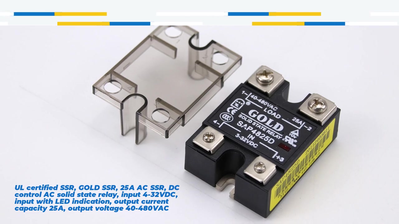 UL được chứng nhận SSR, SSR vàng, 25A AC SSR, DC Control AC Rơle trạng thái rắn, đầu vào 4-32VDC, đầu vào với chỉ định LED, công suất hiện tại đầu ra 25A, điện áp đầu ra 40-480VAC