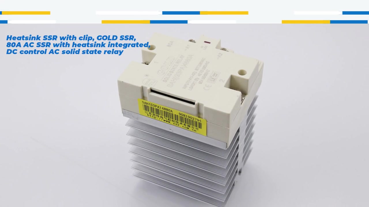 Heatsink SSR with clip, GOLD SSR, 80A AC SSR with heatsink integrated, DC control AC solid state relay, input 4-32VDC, input and output with LED indication, output current capacity 80A, output voltage 40-530VAC